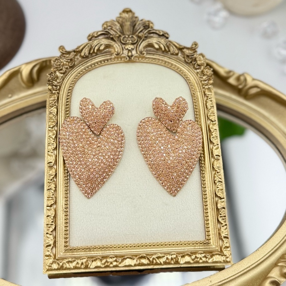 Statement Heart Earrings | Gold-Tone Rhinestone Drop Dangles - Picture 1 of 10